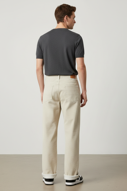 Pantalon Beige Côtelé Droit Ample Doublé Homme - Cordé - vue 2