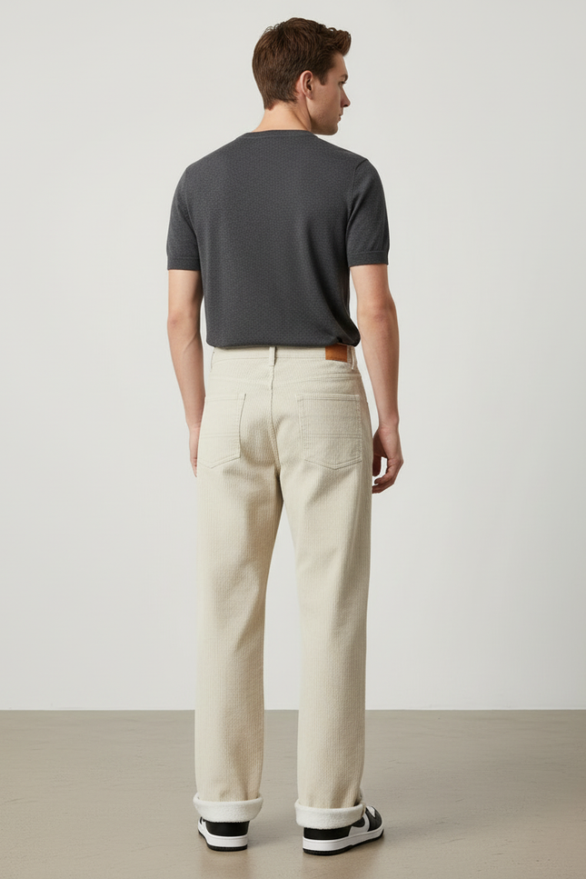 Pantalon Beige Côtelé Droit Ample Doublé Homme - Cordé - vue 2