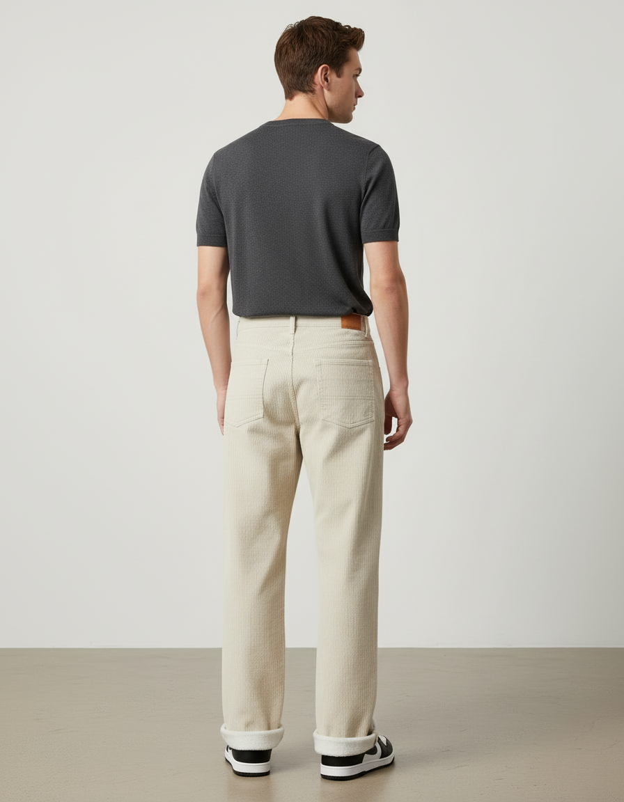 Pantalon Beige Côtelé Droit Ample Doublé Homme - Cordé - vue 2