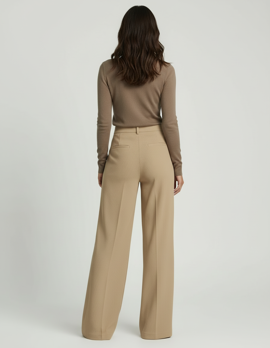 Pantalon Beige Côtelé Ample Taille Haute Élégant - Cordé - vue 2