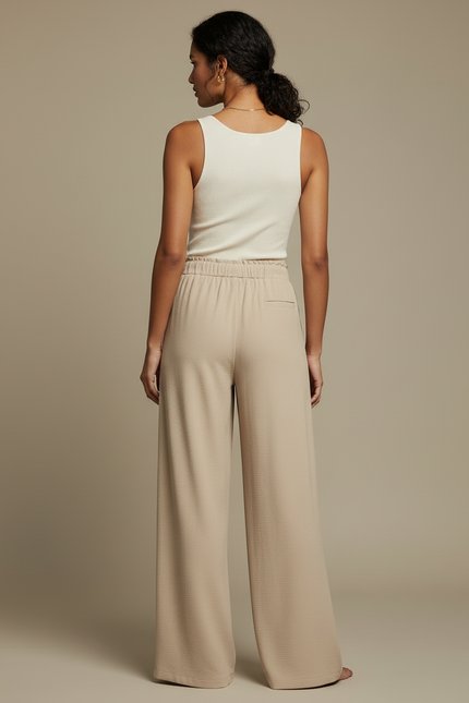 Pantalon Beige Fluide Ample Taille Haute Cordon Décontracté - Polyester - vue 2