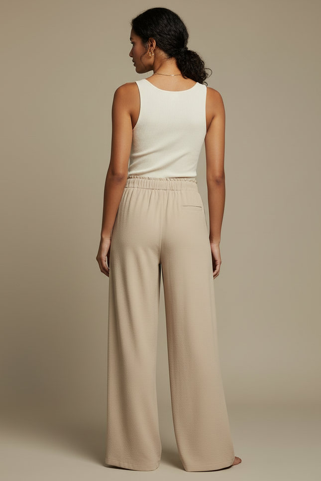 Pantalon Beige Fluide Ample Taille Haute Cordon Décontracté - Polyester - vue 2