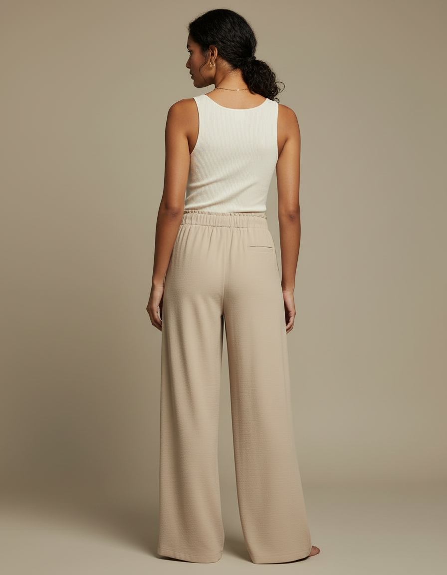 Pantalon Beige Fluide Ample Taille Haute Cordon Décontracté - Polyester - vue 2