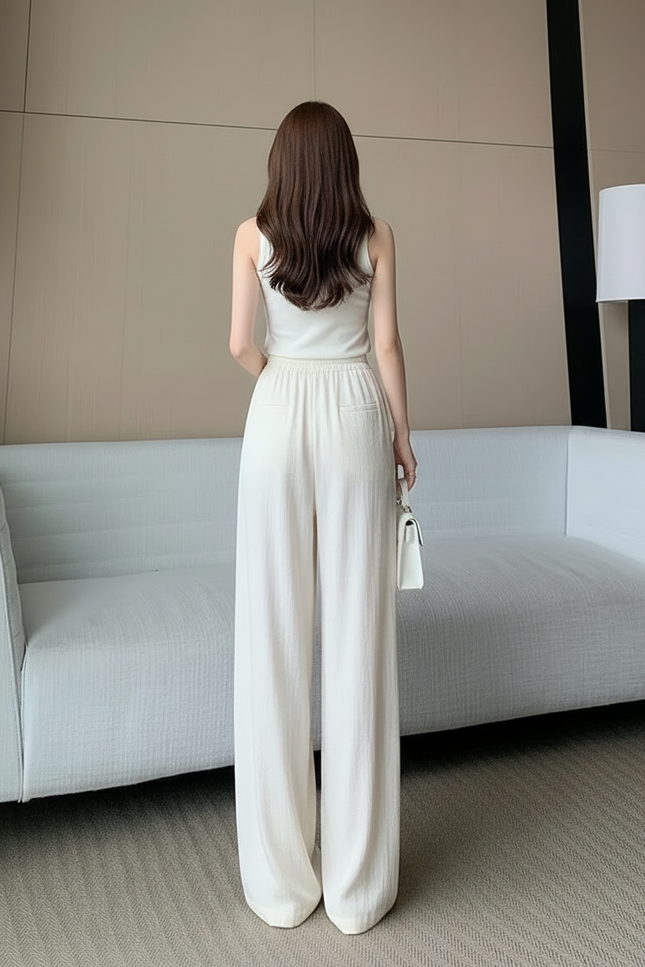 Pantalon Beige Ample Fluide Taille Haute - Lin - vue 2