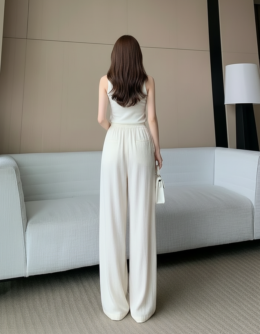 Pantalon Beige Ample Fluide Taille Haute - Lin - vue 2