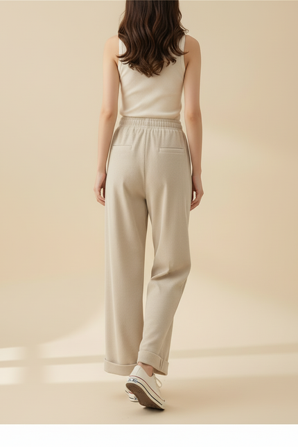 Pantalon Beige Côtelé Large Élastique Décontracté Hiver - Cordé - vue 2