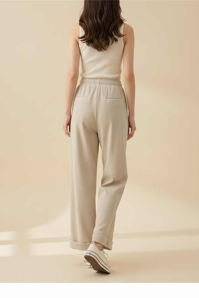 Pantalon Beige Côtelé Large Élastique Décontracté Hiver - Cordé - vue 2