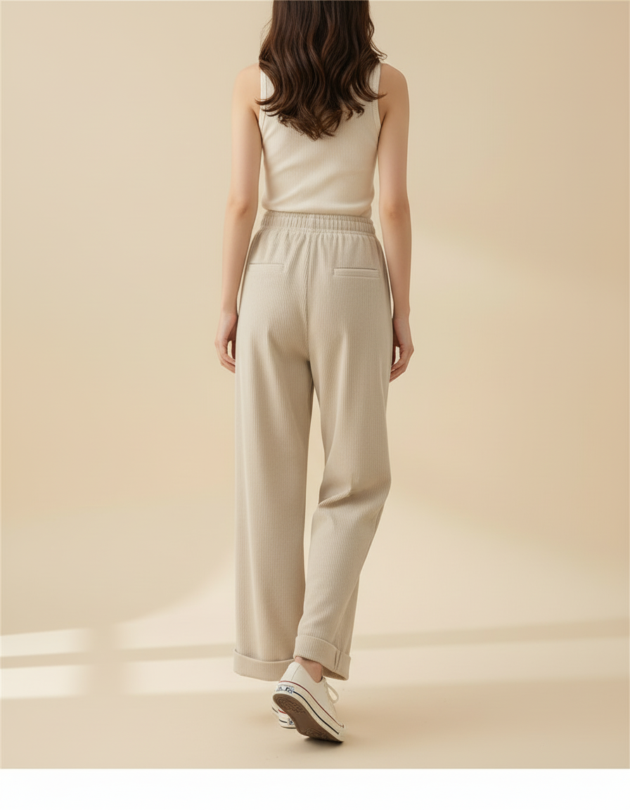 Pantalon Beige Côtelé Large Élastique Décontracté Hiver - Cordé - vue 2
