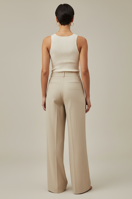 Pantalon Beige Ample Plissé Taille Haute Femme - Lin - vue 2