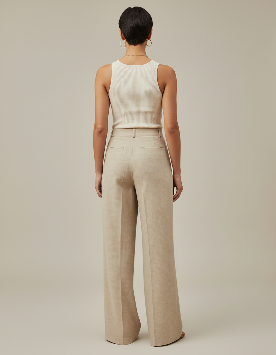 Pantalon Beige Ample Plissé Taille Haute Femme - Lin - vue 2