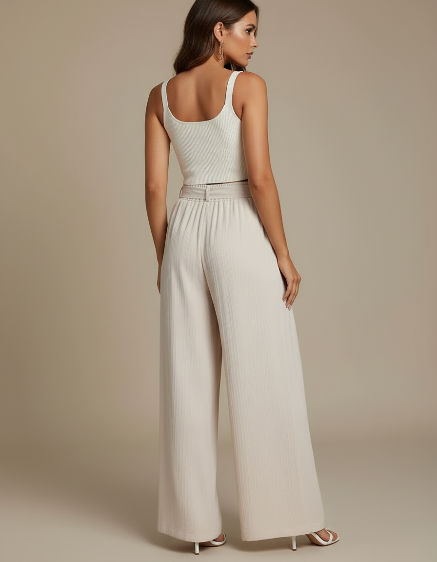 Pantalon Beige Fluide Ample Fendu Élégant Ceinturé - Lin - vue 2