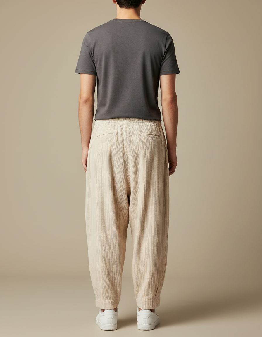 Pantalon Beige Ample Coton Plissé Décontracté Homme - vue 2