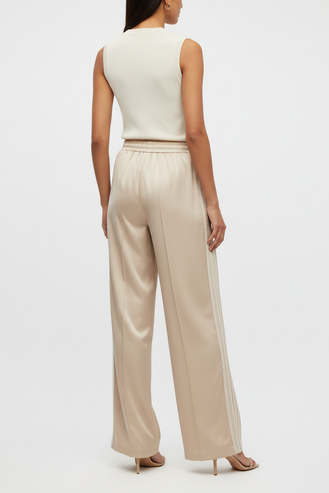 Pantalon Beige Satiné Ample Rayures Latérales Élégant - vue 2