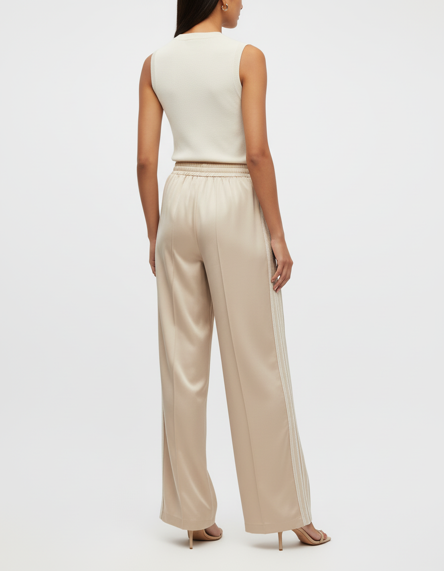 Pantalon Beige Satiné Ample Rayures Latérales Élégant - vue 2