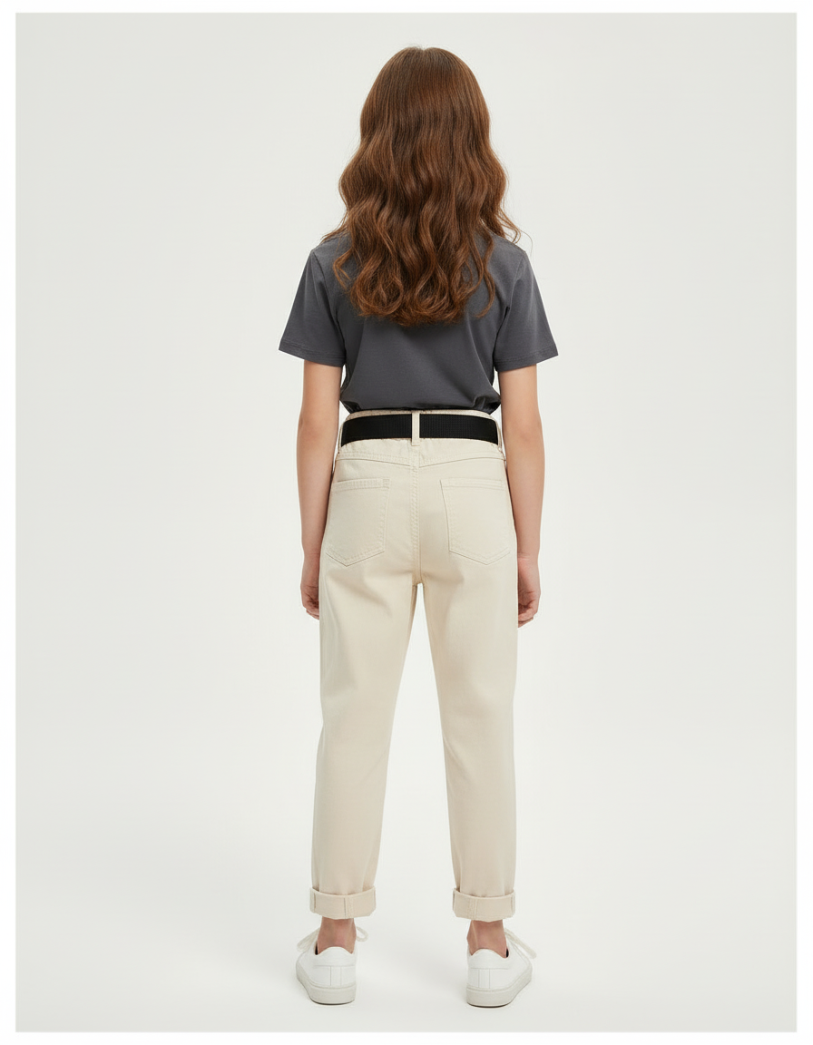 Pantalon Beige Coton Ceinture Noire Confortable Enfant - vue 2