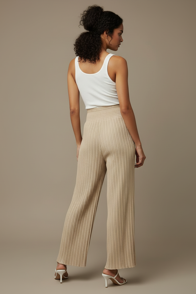 Pantalon Beige Plissé Fluide Ample Taille Haute - Maille - vue 2