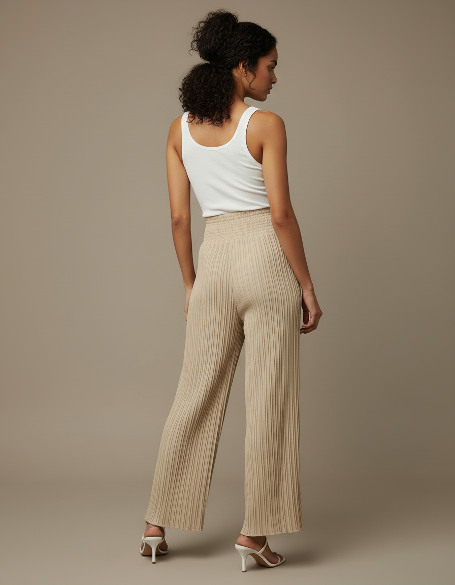 Pantalon Beige Plissé Fluide Ample Taille Haute - Maille - vue 2
