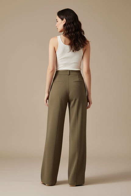 Pantalon Beige Large Plissé Élégant Fluide Femme - Kaki Polyester - vue 2