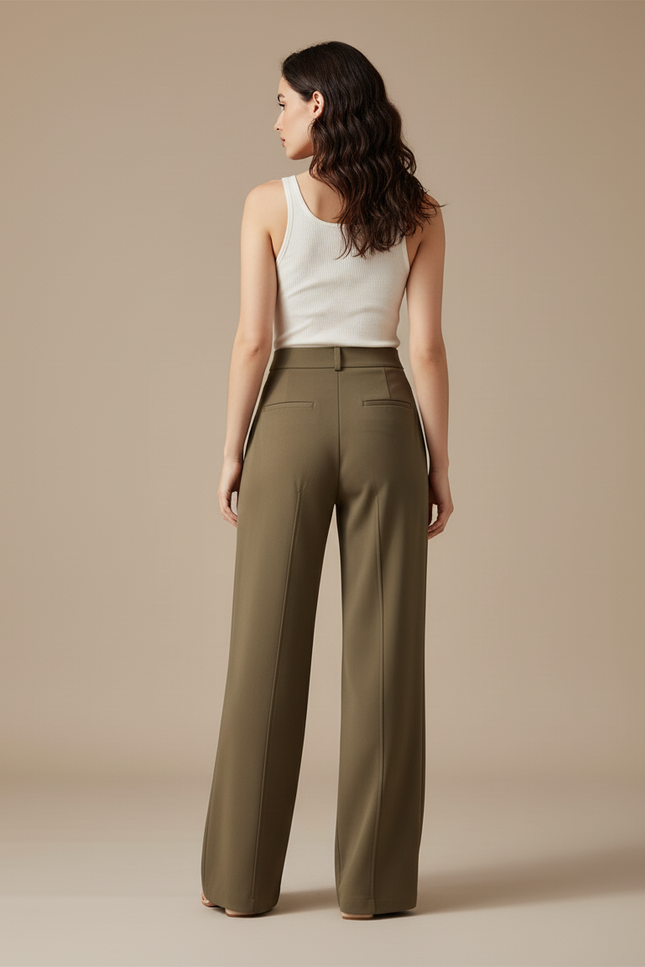 Pantalon Beige Large Plissé Élégant Fluide Femme - Kaki Polyester - vue 2