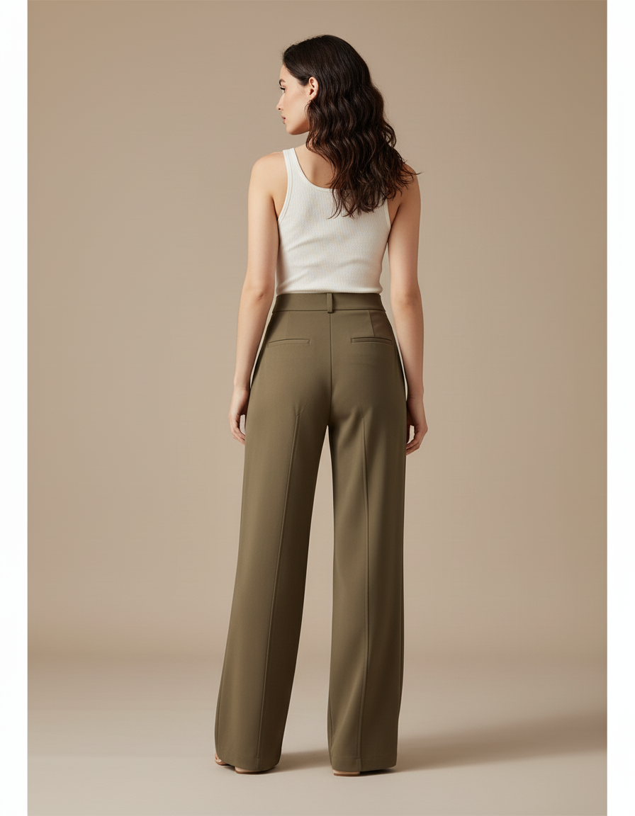 Pantalon Beige Large Plissé Élégant Fluide Femme - Kaki Polyester - vue 2
