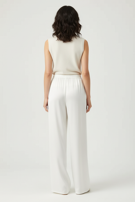 Pantalon Beige Satiné Ample Fluide Élégant - Blanc - vue 2