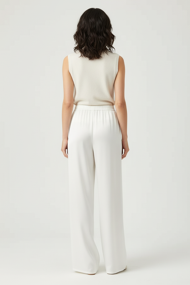 Pantalon Beige Satiné Ample Fluide Élégant - Blanc - vue 2