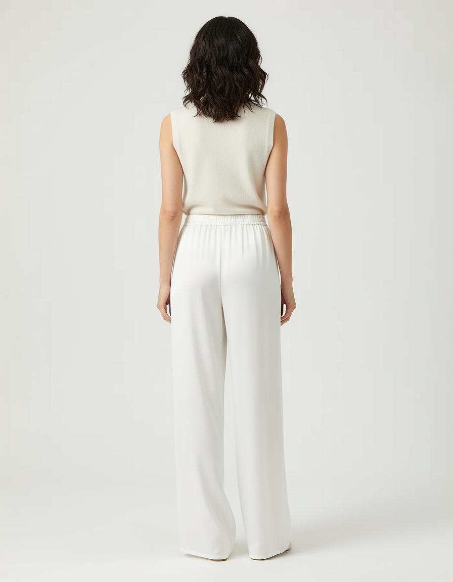 Pantalon Beige Satiné Ample Fluide Élégant - Blanc - vue 2