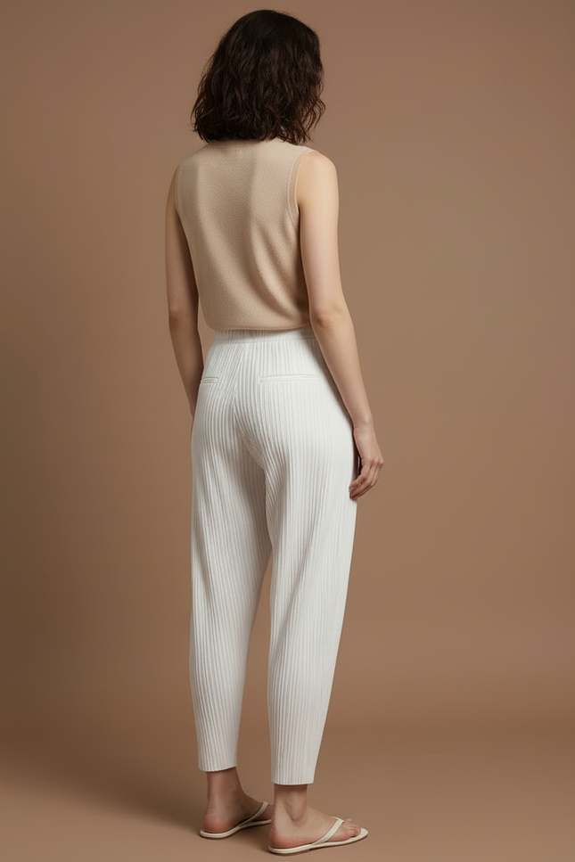 Pantalon Beige Plissé Fluide Décontracté Élégant Femme - Blanc Polyester - vue 2