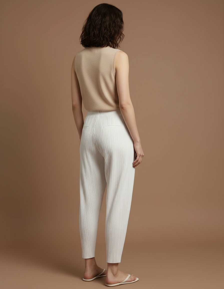 Pantalon Beige Plissé Fluide Décontracté Élégant Femme - Blanc Polyester - vue 2