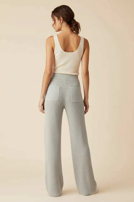 Pantalon Beige Tricoté Côtelé Ample Décontracté - Gris Maille - vue 2