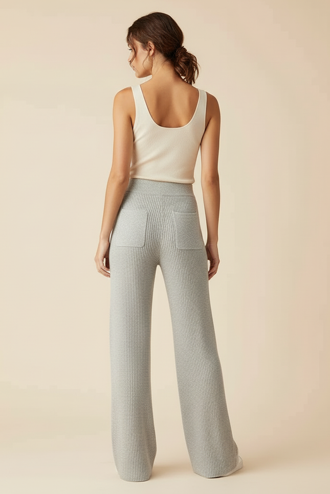 Pantalon Beige Tricoté Côtelé Ample Décontracté - Gris Maille - vue 2
