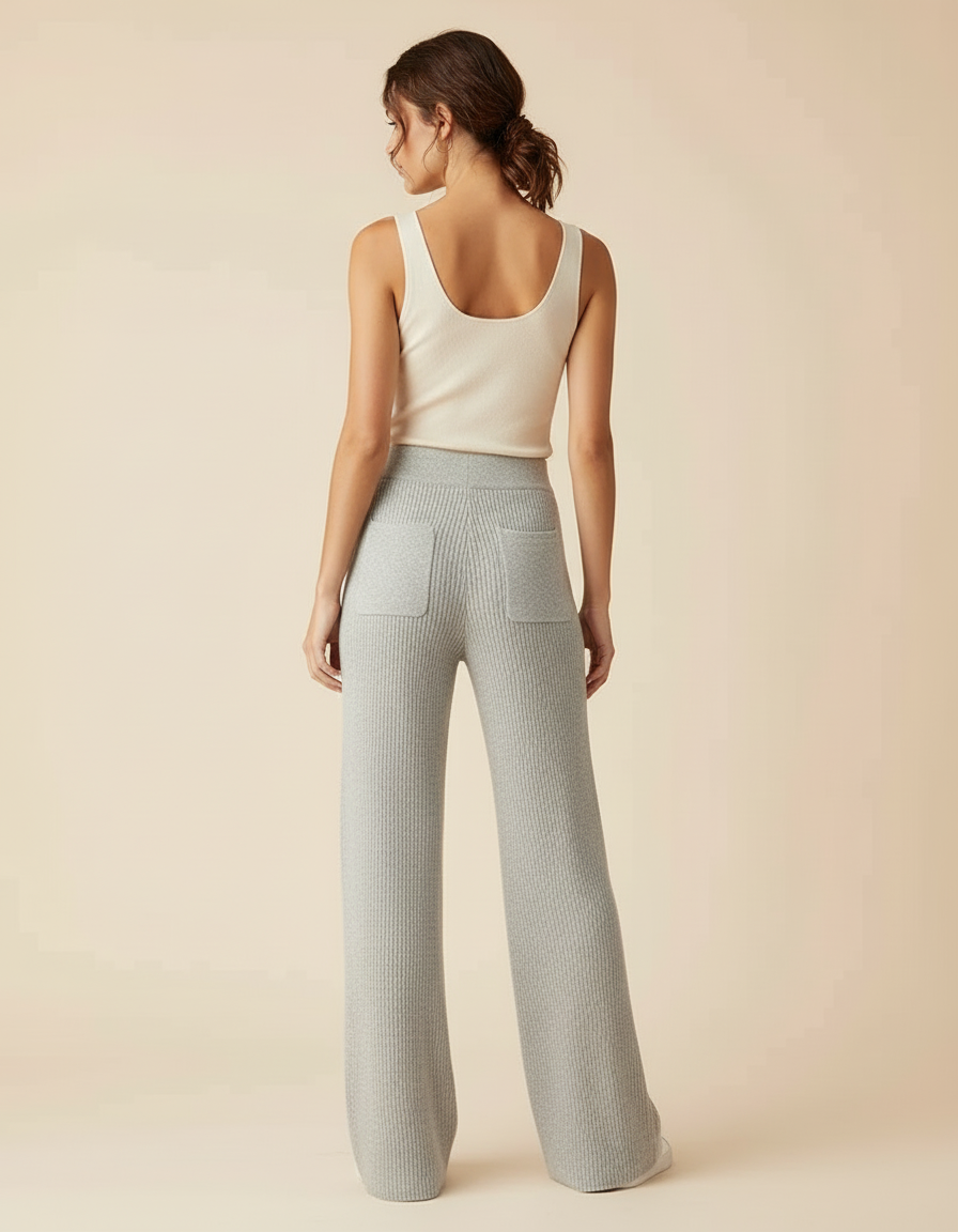 Pantalon Beige Tricoté Côtelé Ample Décontracté - Gris Maille - vue 2