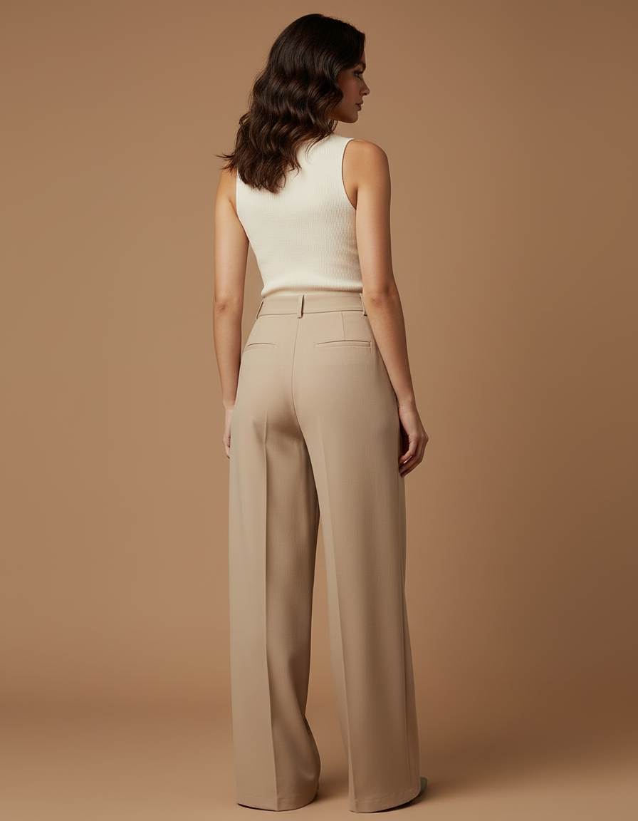 Pantalon Beige Large Fluide Plissé Taille Haute - Polyester - vue 2