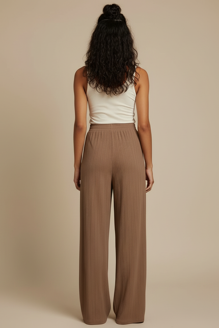 Pantalon Beige Côtelé Ample Fluide Décontracté Femme - Marron Cordé - vue 2