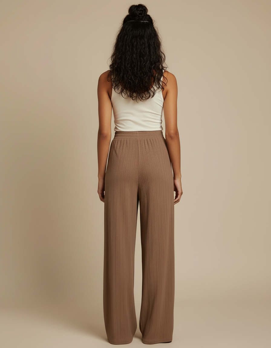 Pantalon Beige Côtelé Ample Fluide Décontracté Femme - Marron Cordé - vue 2