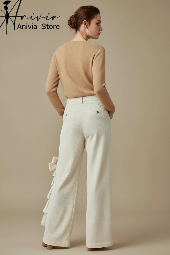Pantalon Beige Côtelé Large Nœud Volants Femme - Cordé - vue 2