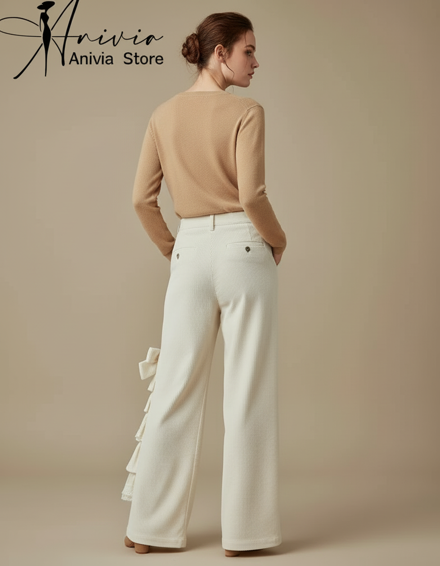 Pantalon Beige Côtelé Large Nœud Volants Femme - Cordé - vue 2