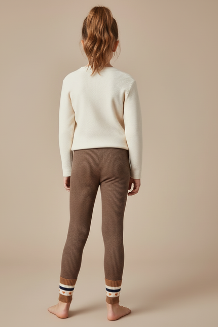 Pantalon Beige Côtelé Tricoté Chaud Hiver Enfant - Marron Maille - vue 2