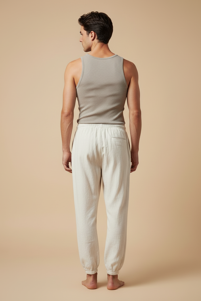 Pantalon Beige Lin Cordon Décontracté Ample Homme - vue 2