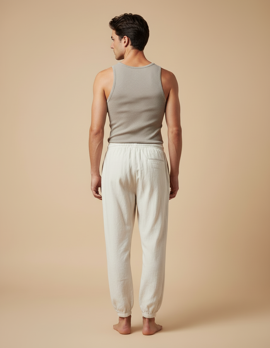 Pantalon Beige Lin Cordon Décontracté Ample Homme - vue 2
