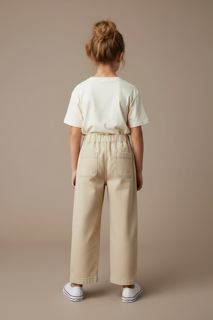 Pantalon Beige Large Coton Élastiqué Enfant Décontracté - vue 2