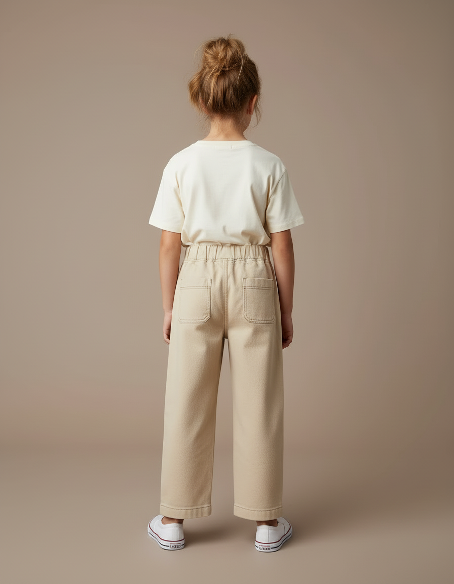 Pantalon Beige Large Coton Élastiqué Enfant Décontracté - vue 2