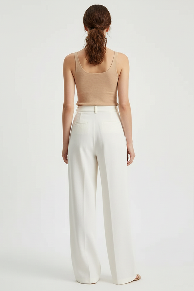 Pantalon Beige Fluide Ample Plissé Élégant - Blanc Polyester - vue 2