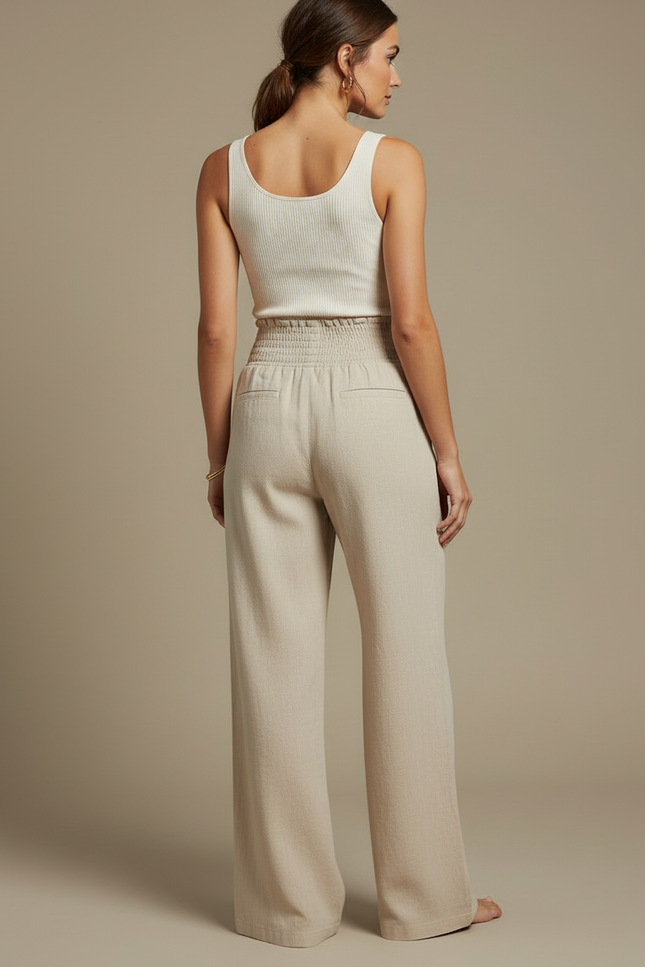 Pantalon Beige Lin Ample Taille Haute Boutons - vue 2