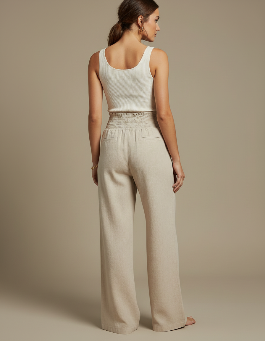 Pantalon Beige Lin Ample Taille Haute Boutons - vue 2