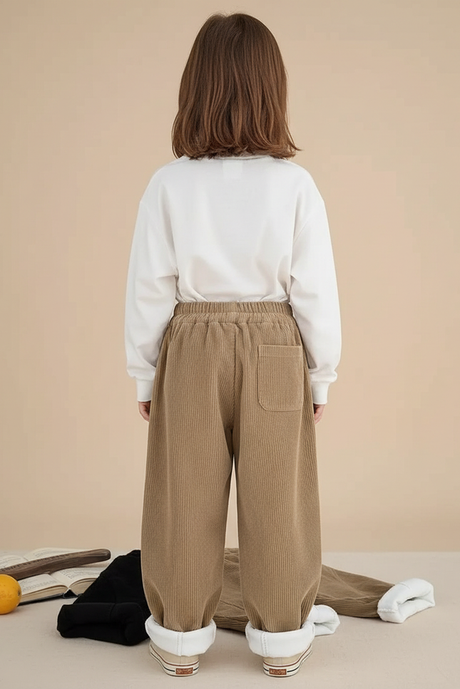 Pantalon Beige Côtelé Noir Ample Doublé Chaud - Cordé