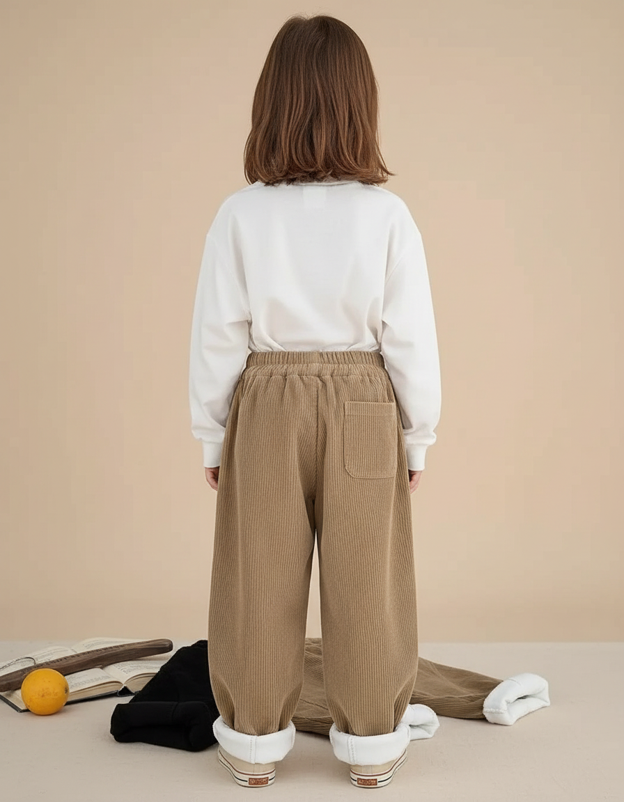 Pantalon Beige Côtelé Noir Ample Doublé Chaud - Cordé