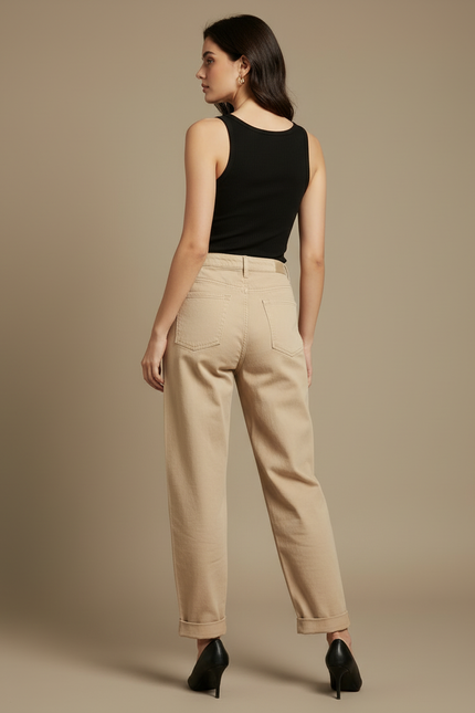 Pantalon Beige Noir Ample Taille Haute Femme - Jean - vue 2
