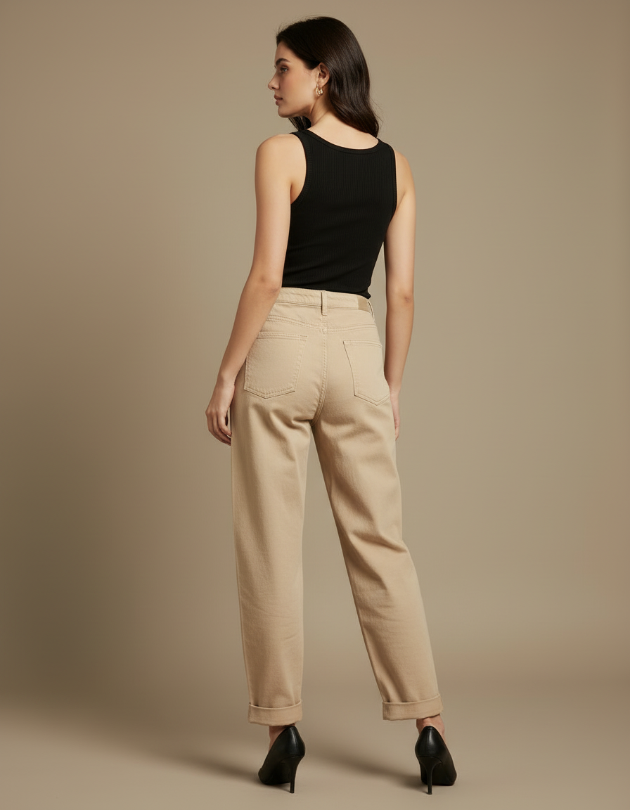 Pantalon Beige Noir Ample Taille Haute Femme - Jean - vue 2