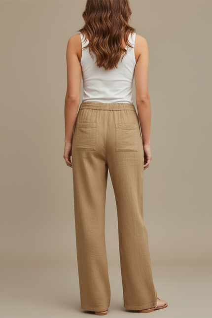 Pantalon Beige Lin Ample Décontracté Femme Fluide - Camel - vue 2